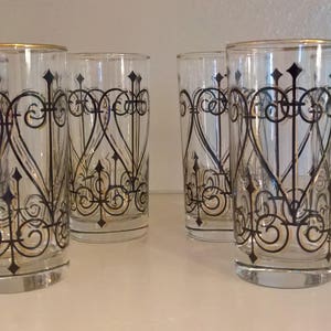Mid Century Glasses, Vintage, Highballs, Black, Gold, Cocktail Glasses, Barware