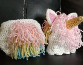 Crochet Unicorn hat and diaper cover set available in several sizes in pastels