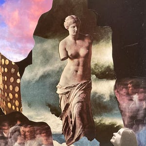 May include: A collage featuring a statue of Venus de Milo, a rose, and a woman with her head tilted back. The background is a cloudy sky with a pink sunset.