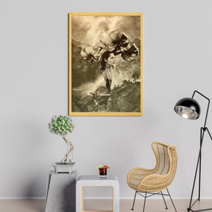 May include: A framed black and white photo collage of a woman with flowers on her head, set against a mountainous landscape.