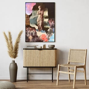 May include: A collage art print featuring a woman in a flowing white dress, a pink rose, and a cloudy sky background.