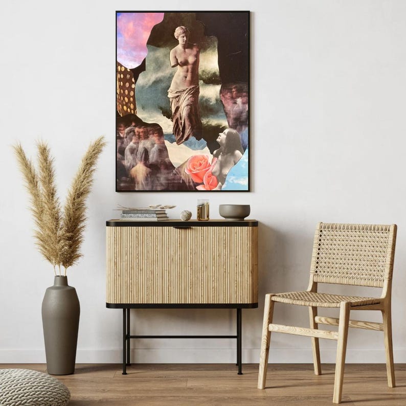 May include: A collage art print featuring a woman in a flowing white dress, a pink rose, and a cloudy sky background.