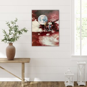 May include: A collage art print featuring two figures running on a red and white background with a large blue and green globe in the background.