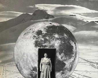 Collage Art Print | Collage Wall Art | Surreal Collage | Analog Collage Art | "Lady in the Moon" | Collage Prints | Marbled Paper Art