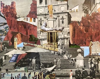 May include: A mixed media collage featuring a vibrant orange and yellow tulip, architectural elements, and figures. The collage incorporates images of a building, a staircase, and a landscape with a variety of people. The overall color palette includes shades of red, gray, and green.