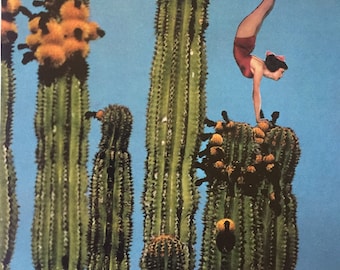 Collage Art Print | Collage Wall Art | Woman "Precarious" Balancing on Cactus | Surreal Collage | Analog Collage Art | Conceptual Art