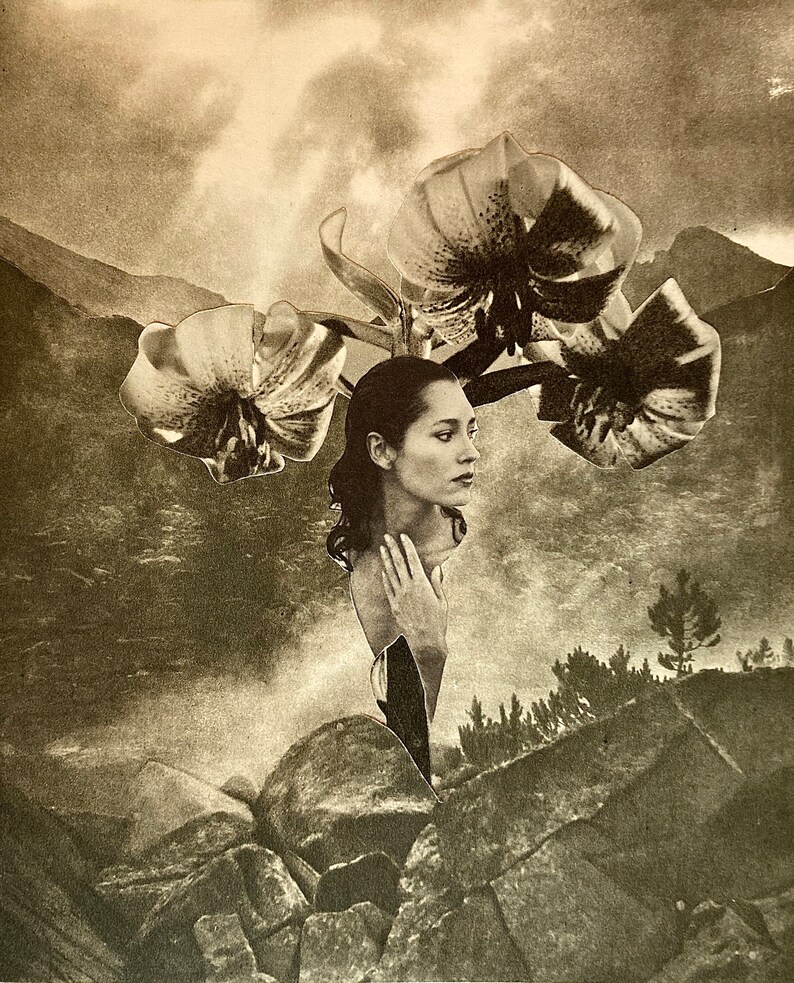 May include: A black and white photo of a woman with flowers in her hair. The woman is looking to the side and her hand is resting on her chest. The background is a blurry image of a mountain landscape.