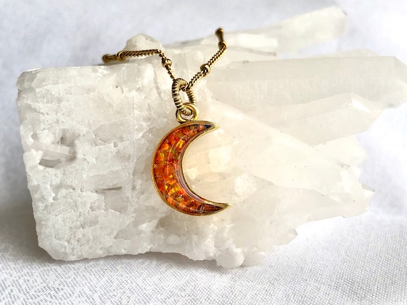 Crescent Moon Orange Opal Choker Gemstone Necklace Celestial - Etsy