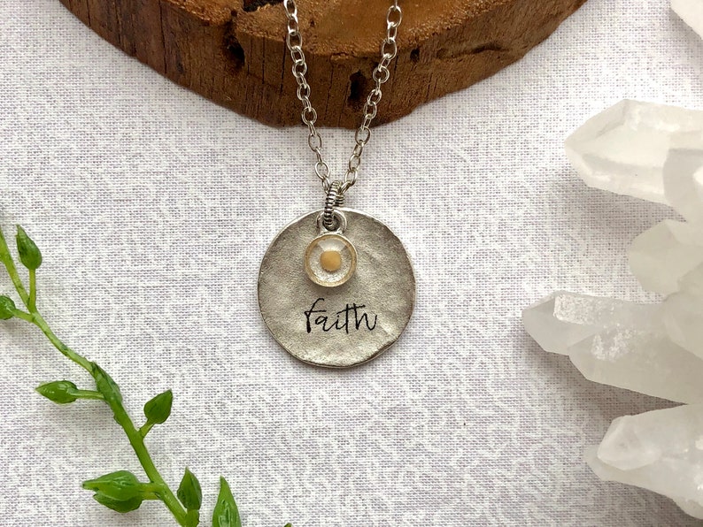 Mustard Seed Faith Necklace, Hammered Flat Tag, Minimalist, Christian Jewelry, Mustard Seed Charm, Layering Necklace, Inspirational Necklace 