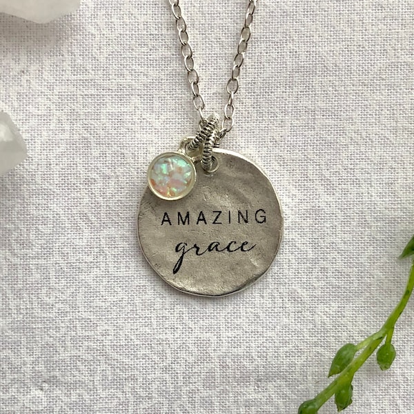 Amazing Grace Necklace, Hammered Flat Tag, Graphic Necklace, Blush Opal Charm, Minimalist Necklace, Christian Jewelry, Faith Necklace