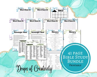 Paquete imprimible de estudio bíblico de 41 páginas: juegos de actividades para la iglesia, sopas de letras, búsquedas del tesoro, bingo y plan de lectura bíblica para 2026 (PDF)