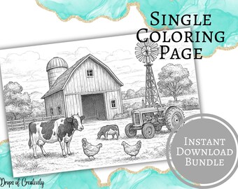 Página para colorear de una granja: Escena de la naturaleza con vacas y molino de viento (Descarga digital) PNG/PDF