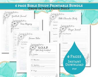 Paquete imprimible para estudio bíblico, hoja de trabajo del método SOAP, mapeo de versículos, diario de oración en PDF, planificador cristiano, descarga instantánea.