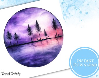 Impresión de acuarela Twilight Pines: Paisaje morado y rosa para decoración del hogar (descarga digital)