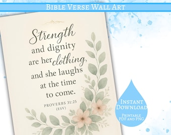 Proverbios 31:25 imprimible, arte mural de fuerza y dignidad, impresión de versículos bíblicos, regalo cristiano para mujeres, decoración de escrituras de estilo rústico.