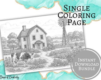 Página para colorear de una granja: Escena de la naturaleza con vacas y molino de viento (Descarga digital) PNG/PDF