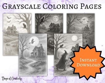 Dibujos para colorear de Halloween en escala de grises: Bruja y casa embrujada (PDF)