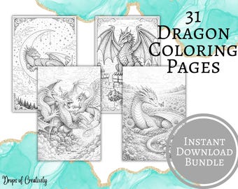 31 páginas para colorear de dragones (PDF imprimible) / Dragones de fantasía y góticos / Libro para colorear para adultos (descarga instantánea)