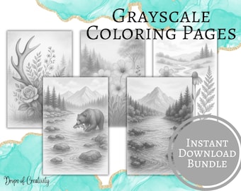 Dibujos para colorear de la naturaleza: Práctica de sombreado botánico en escala de grises / Vida silvestre y paisajes (Descarga digital) PDF