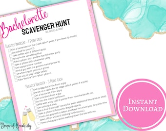 May include: A pink and white printable bachelorette scavenger hunt list with gold accents. The list includes fun and slightly naughty tasks. The words "Bachelorette Scavenger Hunt" are at the top, with "Instant Download" in a pink circle.