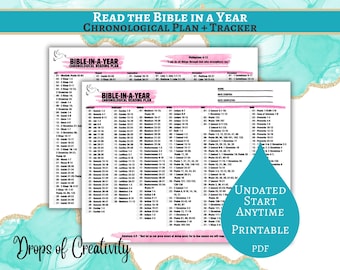 Plan de lectura bíblica imprimible / Rastreador de lectura bíblica en un año en PDF / Plan bíblico cronológico / Lista de verificación de pasajes bíblicos sin fecha - Rosa