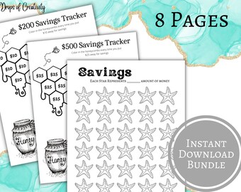 May include: A bundle of printable savings trackers with a bee-themed $200 tracker and a $500 tracker. The savings trackers have honeycomb and starfish designs. The image also includes the text "8 PAGES" and "INSTANT DOWNLOAD BUNDLE".