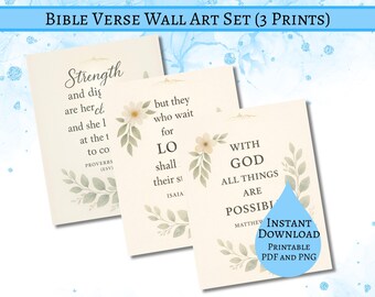 Juego de 3 láminas decorativas con versículos bíblicos para imprimir, decoración cristiana para pared, Proverbios 31, Isaías 40:31, Mateo 19:26. Descarga instantánea.