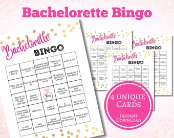 Könnte beinhalten: Ein Set von Bachelorette Bingo Spielkarten mit weißem Hintergrund und goldenen Konfetti-Akzenten. Jede Karte zeigt den Text Bachelorette Bingo in Pink und Schwarz sowie ein Raster mit verschiedenen Aufgaben und einem freien Feld.