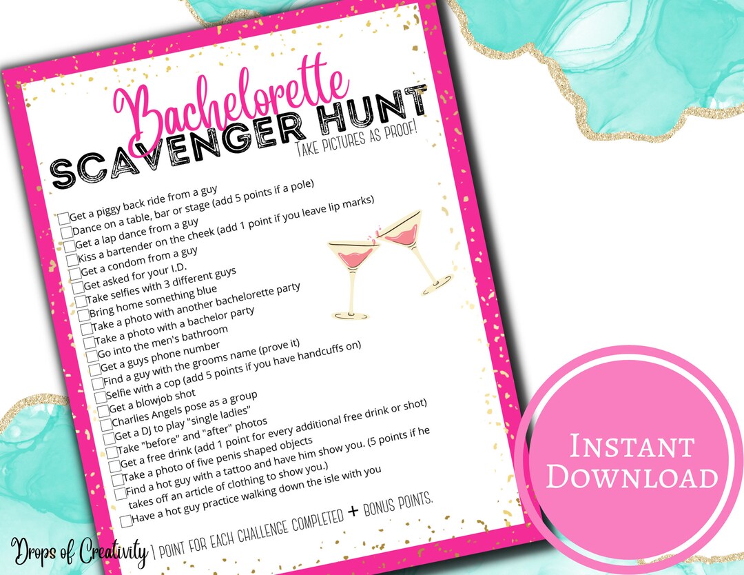 Bachelorette Party Scavenger Hunt Printable Game | Bridal Shower Game