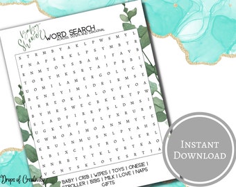 Baby Shower Activity Game, Eucalyptus Shower, Baby Shower Word Search, Printable Game, PDF