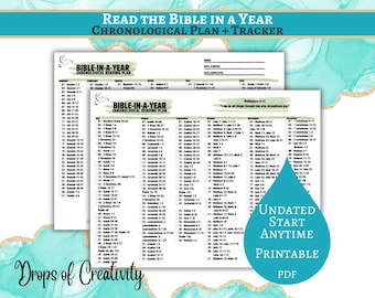 Plan de lectura bíblica imprimible / Rastreador de lectura bíblica en un año en PDF / Plan bíblico cronológico / Lista de verificación de pasajes bíblicos sin fecha - Verde