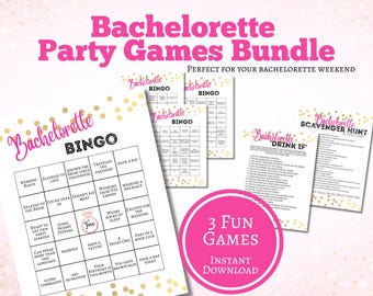 Könnte beinhalten: Ein Bachelorette-Party-Spiele-Set mit bedruckten Blättern und goldenen Konfetti-Akzenten. Das Set enthält Bachelorette-Bingo-Karten, ein Drink-If-Spiel und eine Schnitzeljagd-Liste. Ein leuchtend rosa Kreis zeigt den Text 3 Fun Games.