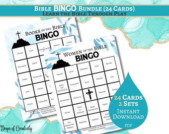 Paquete de Bingo Bíblico (24 tarjetas), juego cristiano imprimible, actividad para la escuela dominical, libros de la Biblia, mujeres de la Biblia, descarga instantánea.