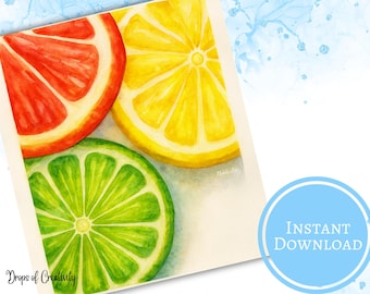 Impresión de acuarela cítrica: Arte de cocina con pomelo, limón y lima (descarga digital)