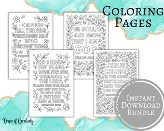 Páginas para colorear de versículos bíblicos imprimibles: arte bíblico cristiano en PDF para la escuela dominical, niños y adultos, paquete de páginas para colorear basadas en la fe.