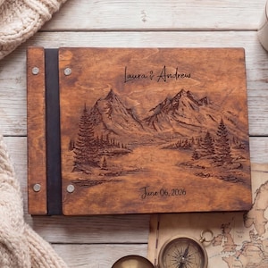Rustic Pine Tree Mountain Wedding Guest Book: Engraved Wooden Adventure Theme Scrapbook