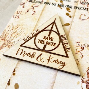 Wizard Save The Date Magnet: Personalized Rustic Triangle Wood Wedding Invitation