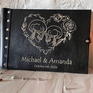 Álbum de fotos de boda Manos de esqueleto Te amo hasta la muerte Libro de fotos de boda Libro de visitas de boda victoriano de madera de Halloween Álbum de recortes gótico de madera