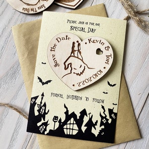 Casamento salve a data personalizada Este é o Halloween de madeira Sally e Jack Skellington Pesadelo antes da árvore de Natal Etiquetas de casamento para cartões