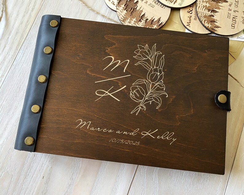 Scrapbook Wedding Photo Album Personalized Guest Book Wooden Photo Book Rustic GuestBook Monogram Wood Guest Book Flowers Personalized Album image 6