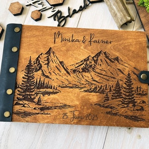 Album fotografico in pelle per viaggi d'avventura, libro degli ospiti per matrimonio in montagna, album fotografico personalizzato per avventure, album in legno per foresta