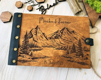 Personalized Wooden Wedding Guest Book: Leather Adventure Photo Album
