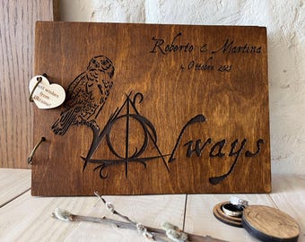 Engraved Wood Wedding Guest Book: Wizardry Owl Design