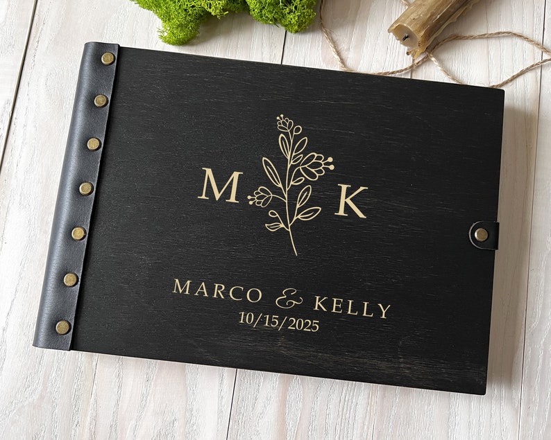 Scrapbook Wedding Photo Album Personalized Guest Book Wooden Photo Book Rustic GuestBook Monogram Wood Guest Book Flowers Personalized Album image 1