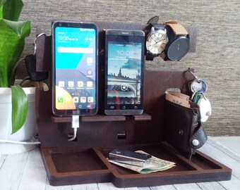 Birthday Husband gift for Men Birthday Double Charging Iphone Wood Docking Station Wood Organizer Wood Dock Personalization gift Anniversary