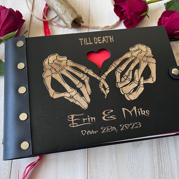 Wedding Photo Album Skeleton Hands Love You to Death Wedding Photo Album Wooden Halloween Victorian Wedding Guest Book Wood Gothic Scrapbook