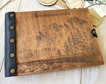 Personalized Wooden Guest Book: Adventure Mountain Wedding Photo Album