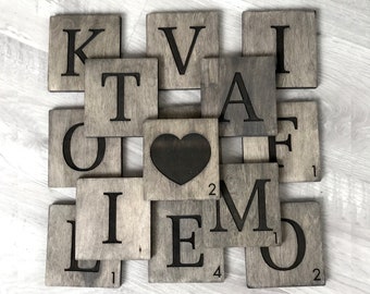 Wood Scrabble Tiles Wall Art Gallery Wall Decor Wooden Scrabble Letter Tiles Scrabble Wood Tiles Rustic Custom Letter Family Name Crossword