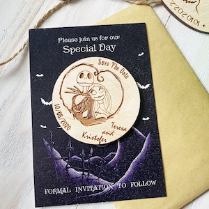 Casamento salve a data personalizada Este é o Halloween de madeira Sally e Jack Skellington Pesadelo antes da árvore de Natal Etiquetas de casamento para cartões