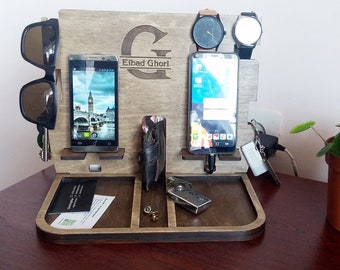 Twin Docking Station Birthday Husband gift for Men Birthday Double Charging Iphone Wood Docking Station Personalization Organizer Wooden